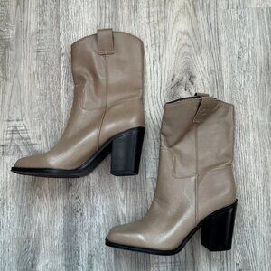 Franco Sarto Valor Taupe Leather Block Heel Ankle Boots Square Toe Size 10M